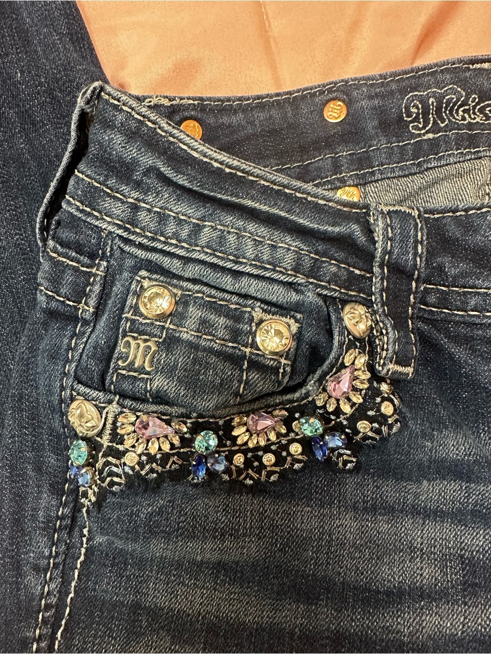 Miss Me Dark Wash Skinny Jeans with Multicolor Gem Embellishments - Picture 2 of 6